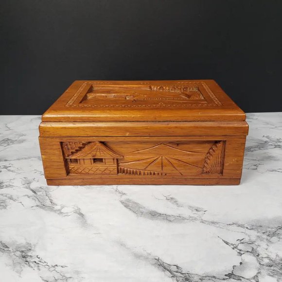 Hand Carved Wood Box Village Scene Vintage - Picture 7 of 13